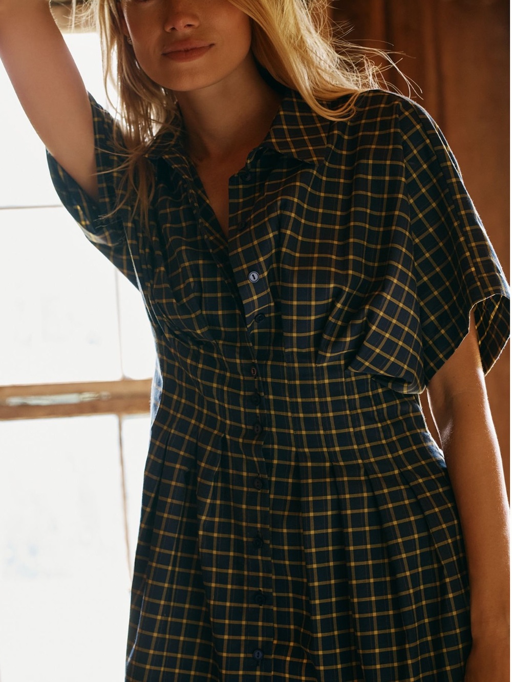 Exquise Tobie Pleated Mini Shirt Dress Short Sleeve New 2X Navy Blue Plaid